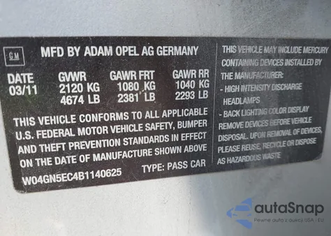 2011 Buick Regal Cxl Russelsheim from USA, damaged, VIN W04GN5EC4B1140625